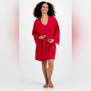INC International Concepts Red Lace-Trim Stretch Satin Wrap Robe - Medium